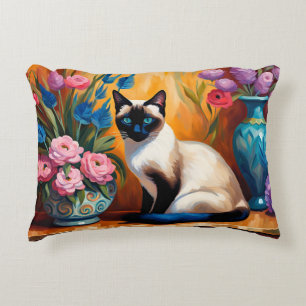 Siamese Cat And Bouquets in Vases watercolor Accent Pillow