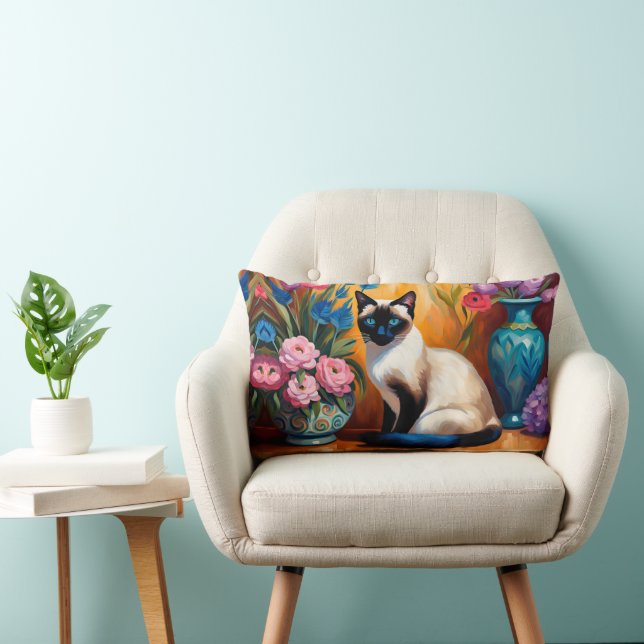 Siamese Cat And Bouquets in Vases watercolor Lumbar Pillow (Chair)
