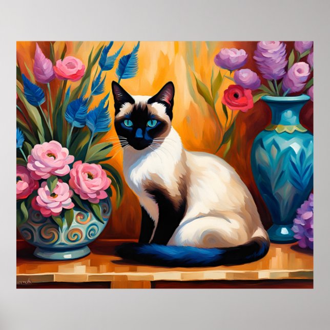 Siamese Cat And Bouquets in Vases watercolor Poster (Front)