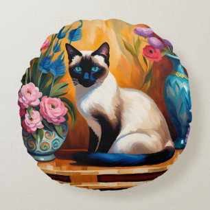 Siamese Cat And Bouquets in Vases watercolor Round Pillow