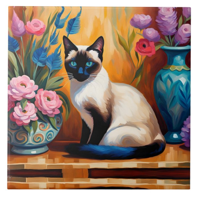 Siamese Cat And Bouquets in Vases watercolor Tile (Front)