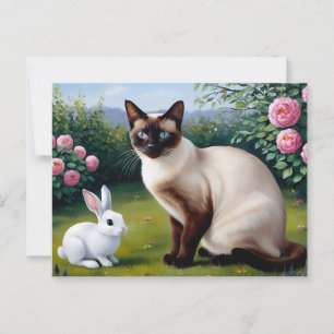 Siamese Cat and Cute Bunny in the Summer Garden Postcard