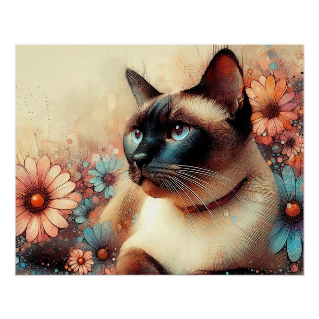 siamese cat and flowers poster (Front)