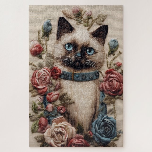 Siamese Cat and Roses Embroidery Jigsaw Puzzle (Vertical)