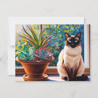 Siamese Cat and Succulent Plants  Postcard