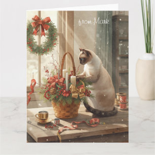 Siamese Cat arranging Flowers for WinterChristmas Card