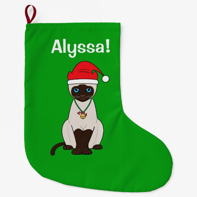 Siamese Cat at Christmas Name Customizable Large Christmas Stocking (Front)