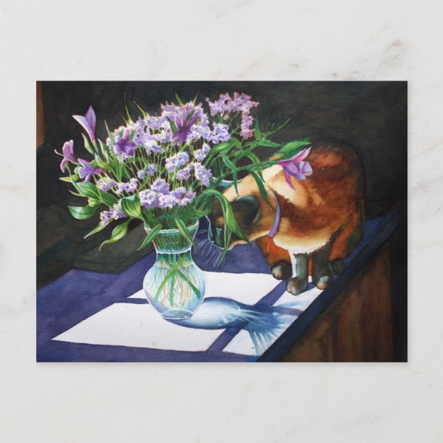 Siamese Cat Attacking Vase of Flowers Postcard (Front)