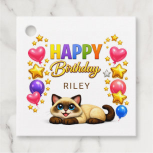Siamese Cat Balloons and Stars Happy Birthday Favour Tags