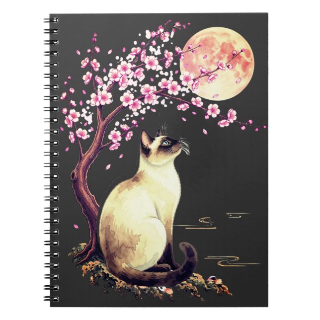 Siamese Cat Beneath a Pink Moon Notebook (Front)