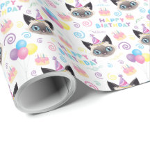 Siamese Cat Birthday Gift Wrapping Paper in White