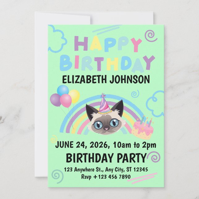 Siamese Cat Birthday Invitation in Green (Front)