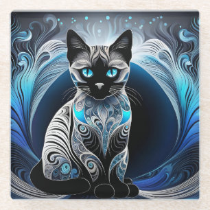 Siamese cat, black blue and white abstract glass coaster