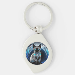 Siamese cat, black blue and white abstract keychain
