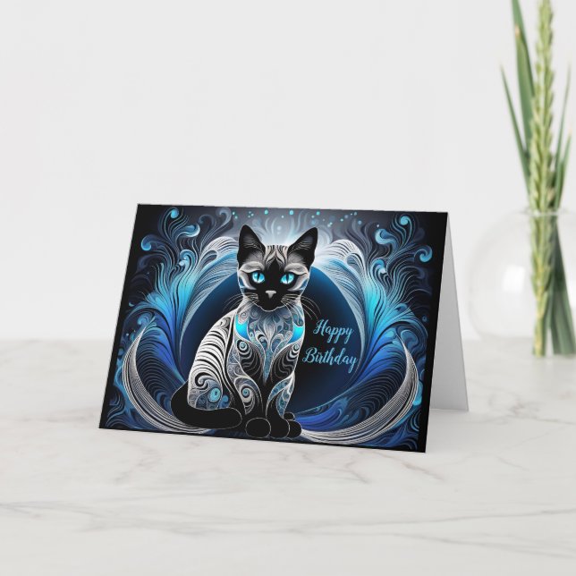 Siamese cat, Blue and white abstract Birthday Card (Front)