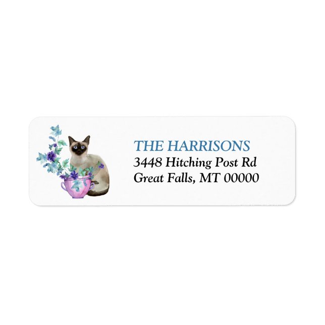 Siamese Cat Blue Flowers Return Address (Front)