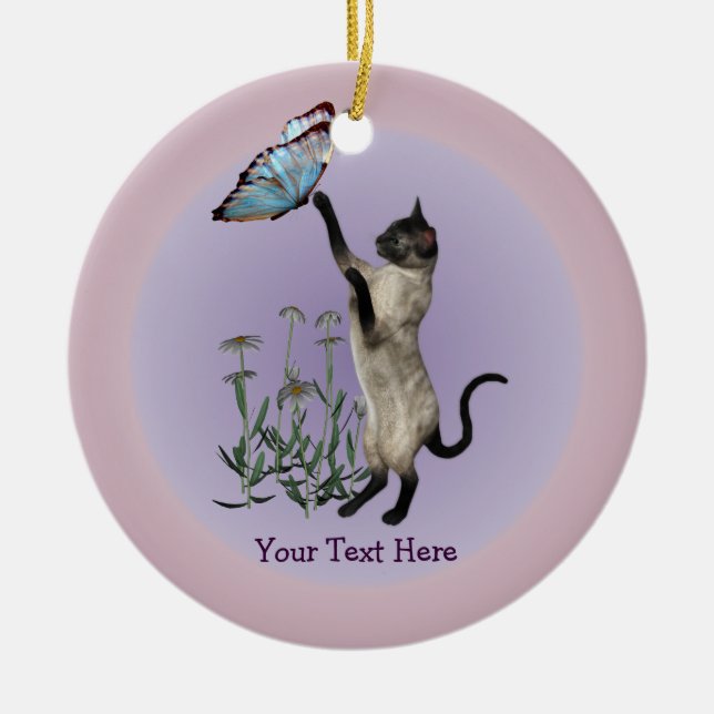 Siamese Cat Butterfly Daisies Personalized Ornamen Ceramic Ornament (Front)