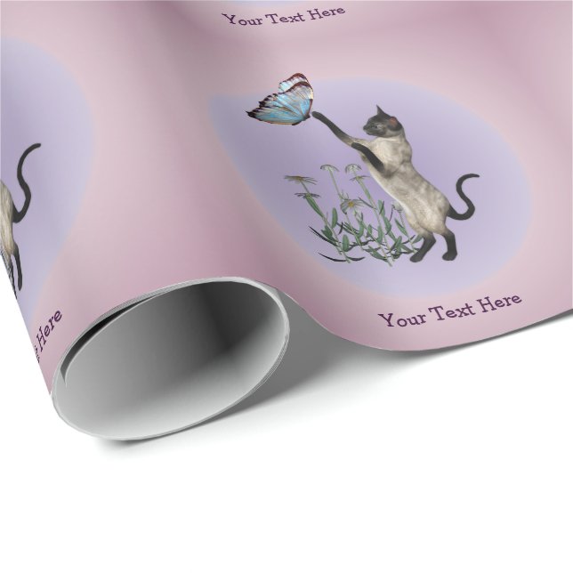 Siamese Cat Butterfly Daisies Personalized  Wrapping Paper (Roll Corner)