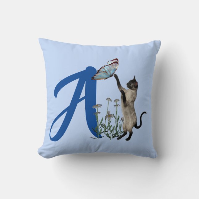 Siamese Cat Butterfly Monogram Initial A Throw Pillow (Front)
