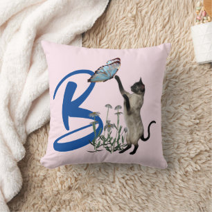 Siamese Cat Butterfly Monogram Initial B Throw Pillow