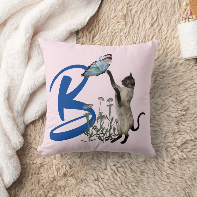 Siamese Cat Butterfly Monogram Initial B Throw Pillow (Blanket)