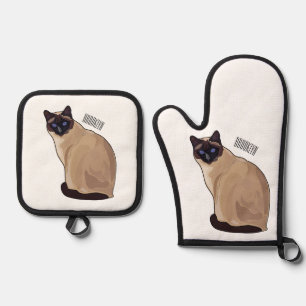Siamese cat cartoon illustration oven mitt & pot holder set