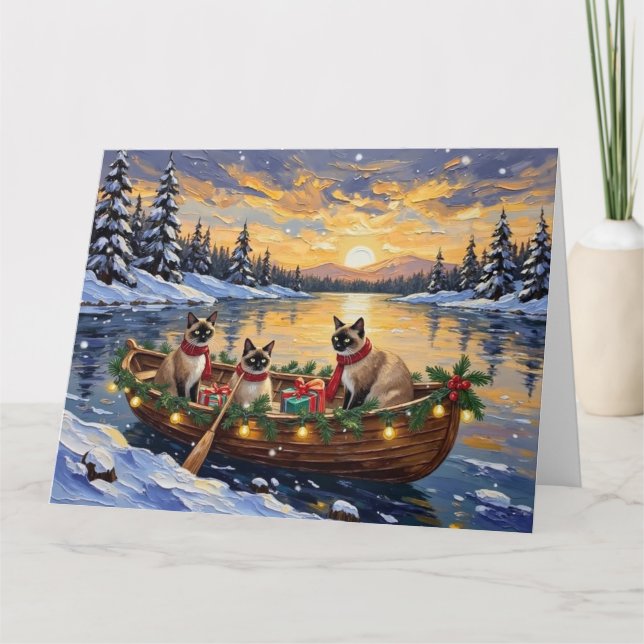 Siamese Cat Christmas Boat Holiday Card (Front)