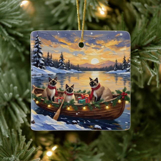 Siamese Cat Christmas Boat Holiday Ceramic Ornament (Tree)