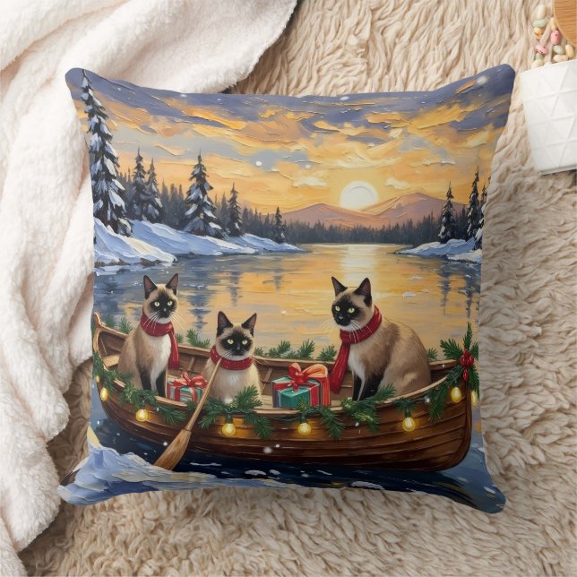 Siamese Cat Christmas Boat Holiday Throw Pillow (Blanket)