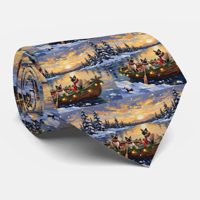 Siamese Cat Christmas Boat Holiday Tie (Rolled)