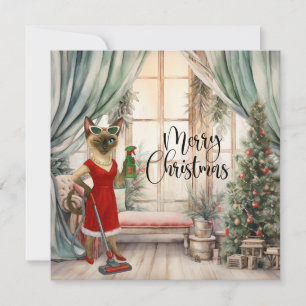 Siamese Cat Christmas Cleaning in the house Holiday Card