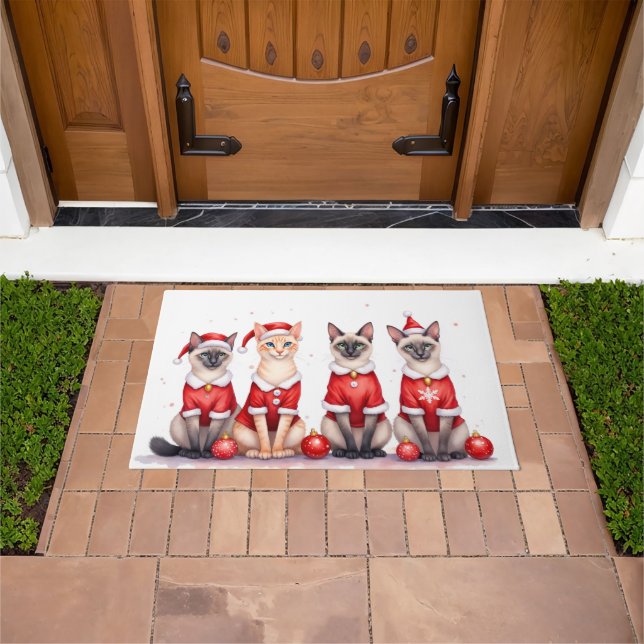 Siamese Cat Christmas Dress Santa Hat Doormat (Outdoor)