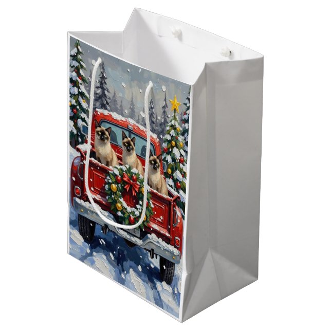 Siamese Cat Christmas Red Truck Holiday Medium Gift Bag (Front Angled)