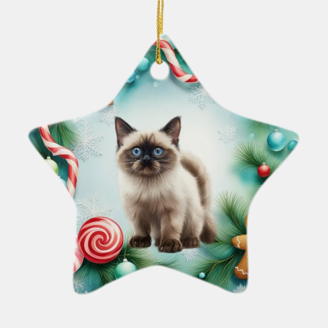 Siamese Cat Christmas themed Ceramic Ornament (Front)