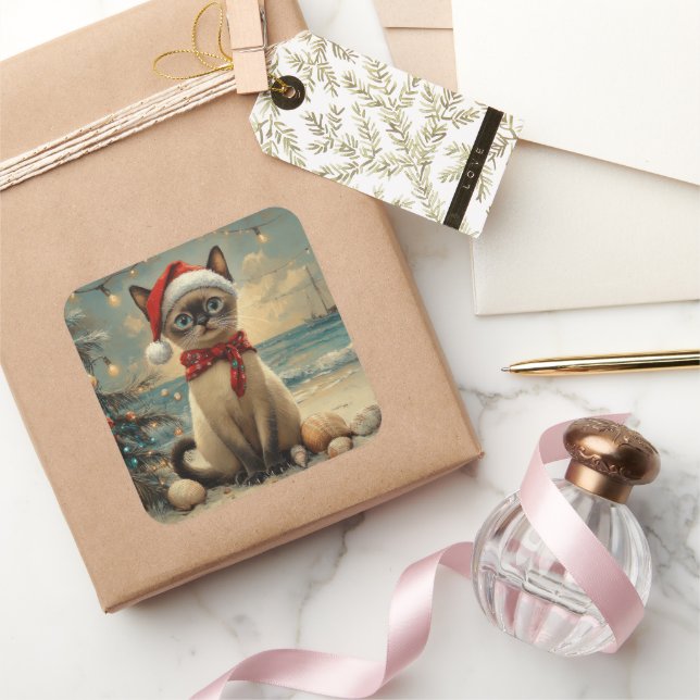 Siamese Cat Christmas Vintage Beach  Square Sticker (Gifting)
