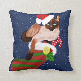 Siamese cat Christmas with stocking and Santa hat Throw Pillow