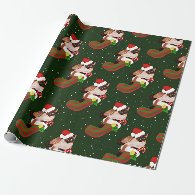 Siamese cat Christmas with stocking and Santa hat Wrapping Paper (Unrolled)
