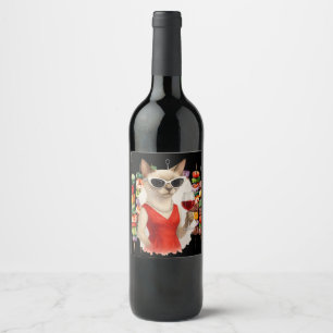 Siamese Cat Drinking Wine at Barbecue Party  Wine Label