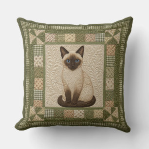 Siamese Cat Faux Quilt Throw Pillow