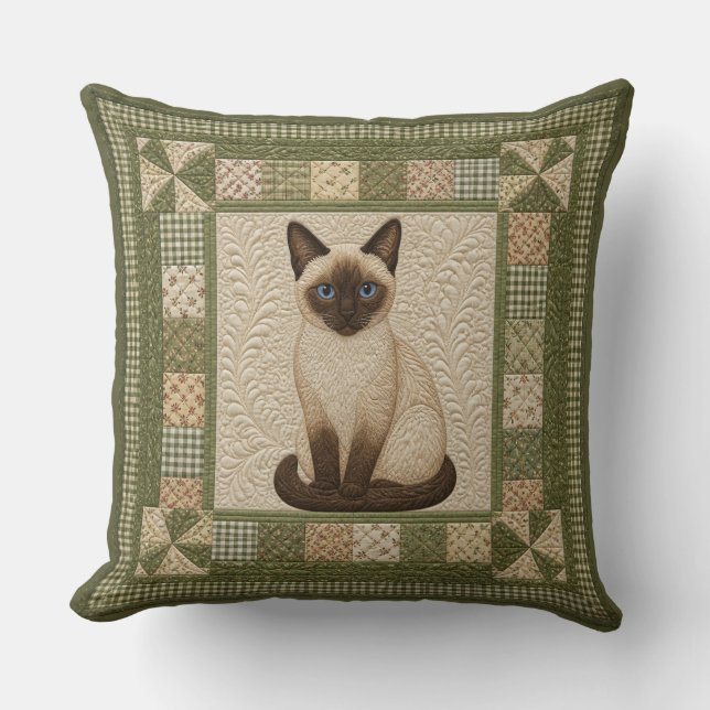 Siamese Cat Faux Quilt Throw Pillow (Front)