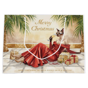Siamese Cat Glam Christmas Sipping Champagne Large Gift Bag