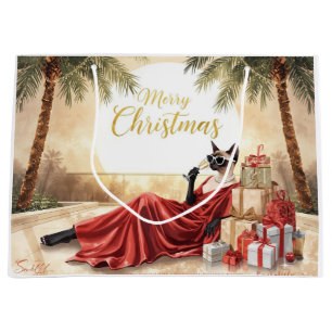Siamese Cat Glam Christmas  Sipping Champagne  Large Gift Bag