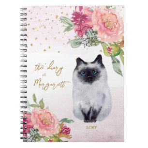 Siamese Cat Illustration Flowers Girl Daily Diary Notebook