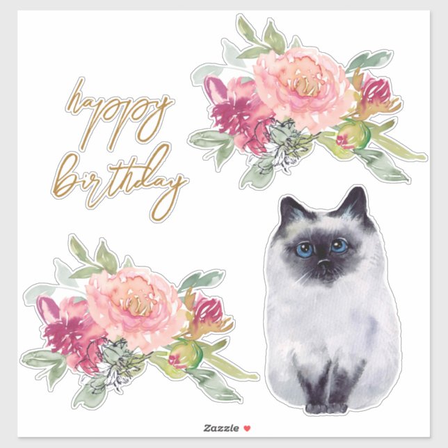 Siamese Cat Illustration Happy Birthday Girl Party (Sheet)