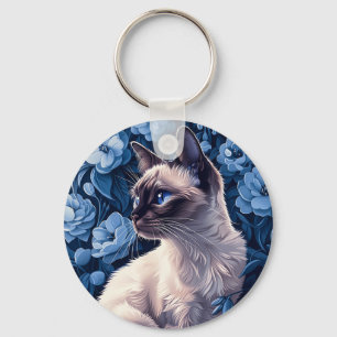 Siamese Cat in Blue Flowers Keychain