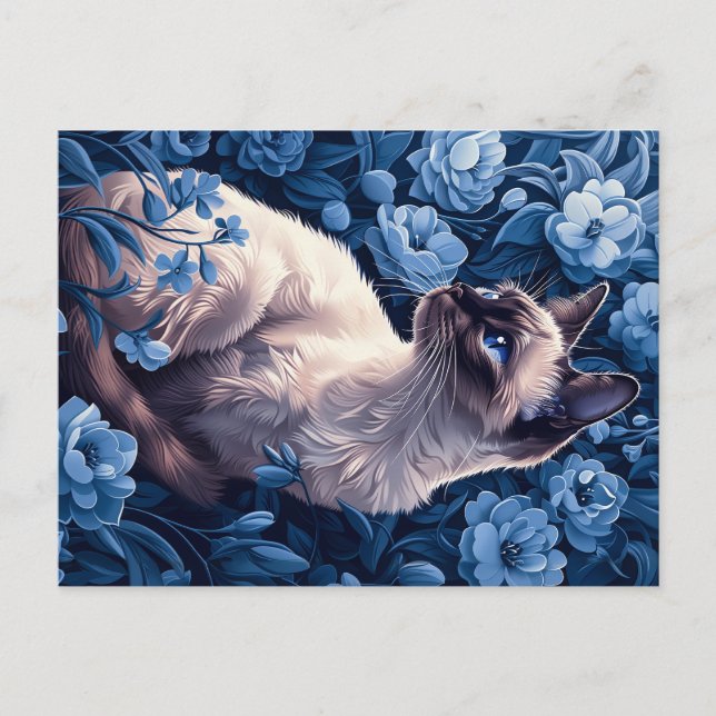 Siamese Cat in Blue Flowers Postcard (Front)