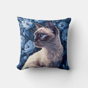 Siamese Cat in Blue Flowers Throw Pillow