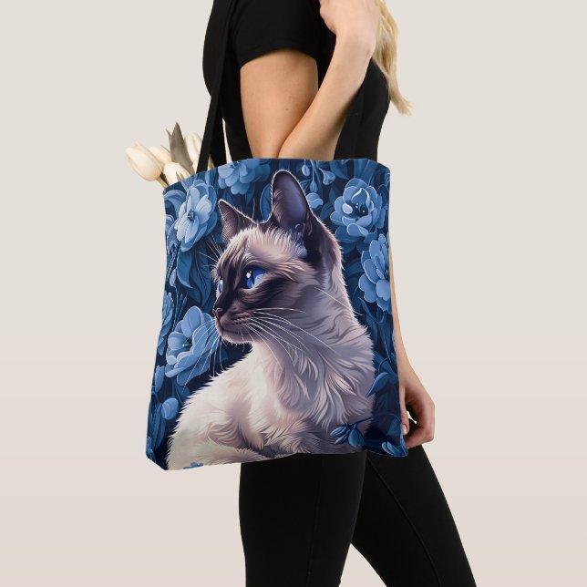 Siamese Cat in Blue Flowers Tote Bag (Close Up)