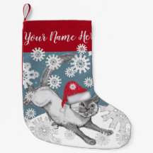 Siamese Cat in Santa Hat Blue Winter Snowflakes