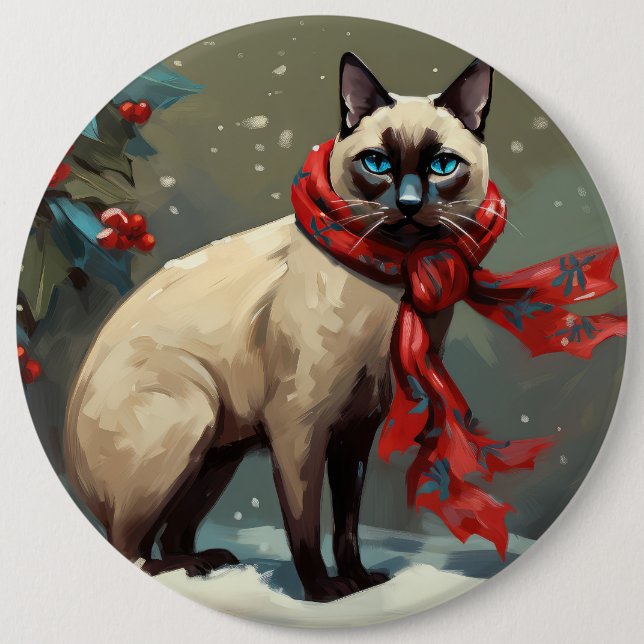 Siamese Cat in Snow Christmas 6 Inch Round Button (Front)